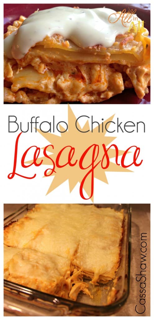 Buffalo Chicken Lasagna is a rich, spicy, indulgent dinner or snack filled with all the flavor you can handle! Just imagine the ever popular Buffalo Chicken Dip layered between lasagna noodles and melted cheese then topped with blue cheese or ranch dressing. Delish! #BuffaloChicken #BuffaloChickenLasagna #BuffaloChickenDip #Tailgate #GameDay #HotSauce #WingSauce