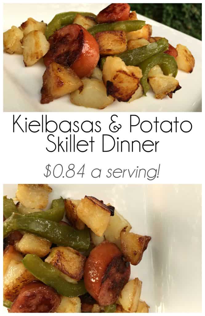 Looking for a delicious, simple, and cheap dinner idea? Kielbasa and Potato Skillet is the cheap and delicious meal your family will love! Flavorful kielbasa with pan fried potatoes and bell peppers topped with melted cheese and a dollop of sour cream is perfect for stretching your budget without skimping on taste. #BudgetBites #MomNeedsChocolate #Kielbasa #SkilletDinner #CheapDinner