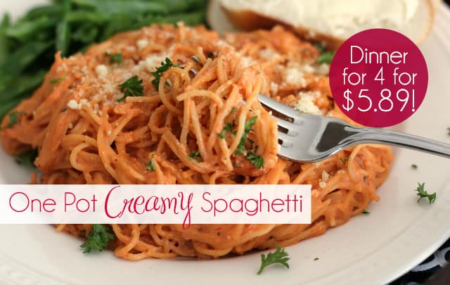 One Pot Creamy Spaghetti - A whole meal for $1.47 per person! #30MinuteMeal #WorkingMom #DinnerRecipe #SpaghettiRecipe #CreamySpaghetti #OnePotSpaghetti #Pasta | 30 Minute Meals | Quick Dinner | Cheap Recipe | Thrifty Meals | What to Cook When You Are Broke