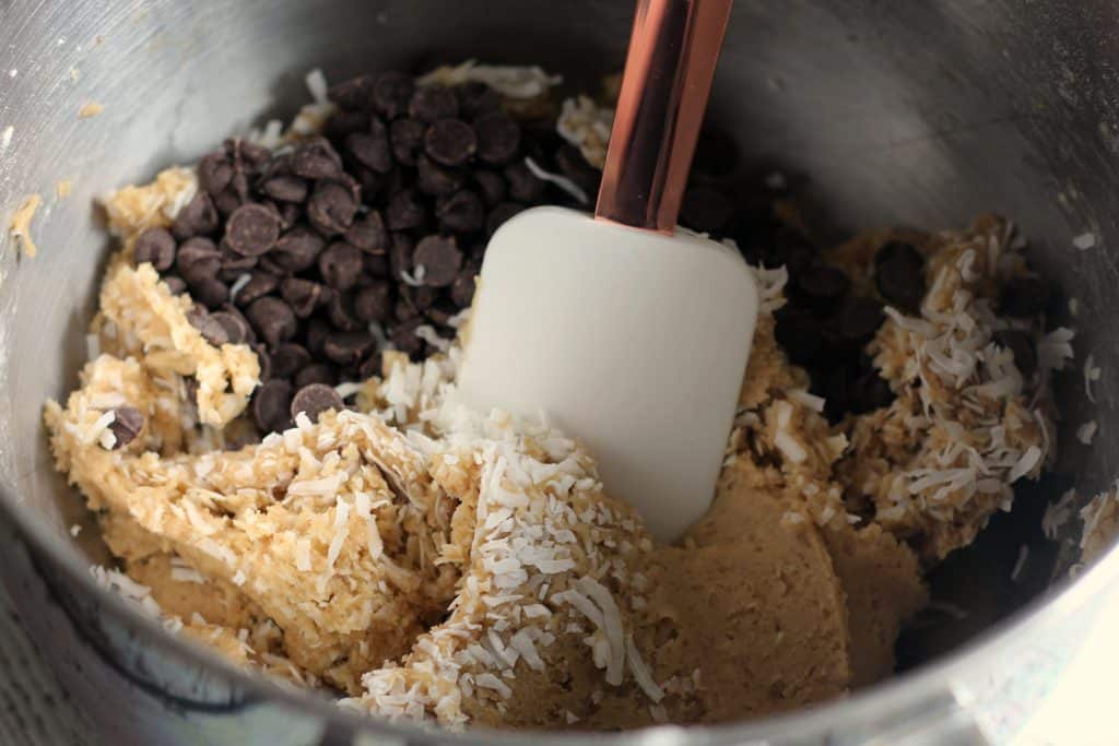 Mixing the batter for Coconut Oil Chocolate Chip Cookies