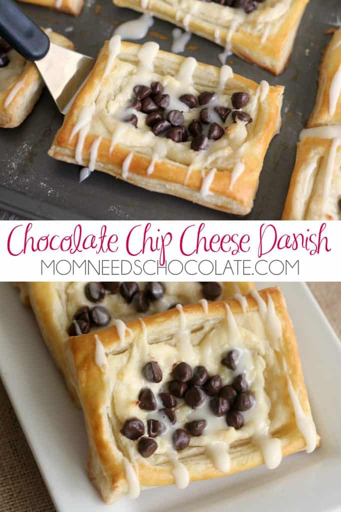 Chocolate Chip Cheese Danishes are the way you'll want to start the weekend! A buttery, crisp puff pastry filled with sweetened cream cheese and rich chocolate chips then drizzled with homemade frosting. Drop that Pop Tart and pick up one of these! | #PuffedPastry #PuffPastry #Danish #Danishes #ChocolateChip #CreamCheese #Breakfast #BreakfastRecipes #Brunch #BrunchRecipes #MomNeedsChocolate