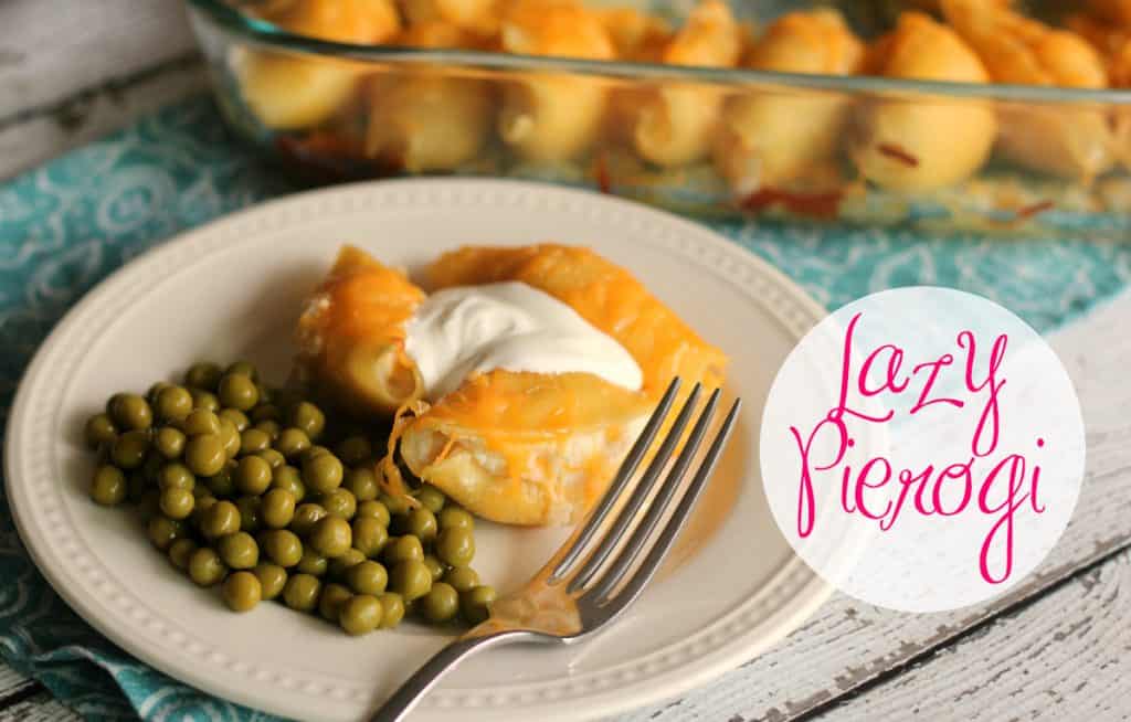 Lazy Pierogi on a plate with green peas and sour cream