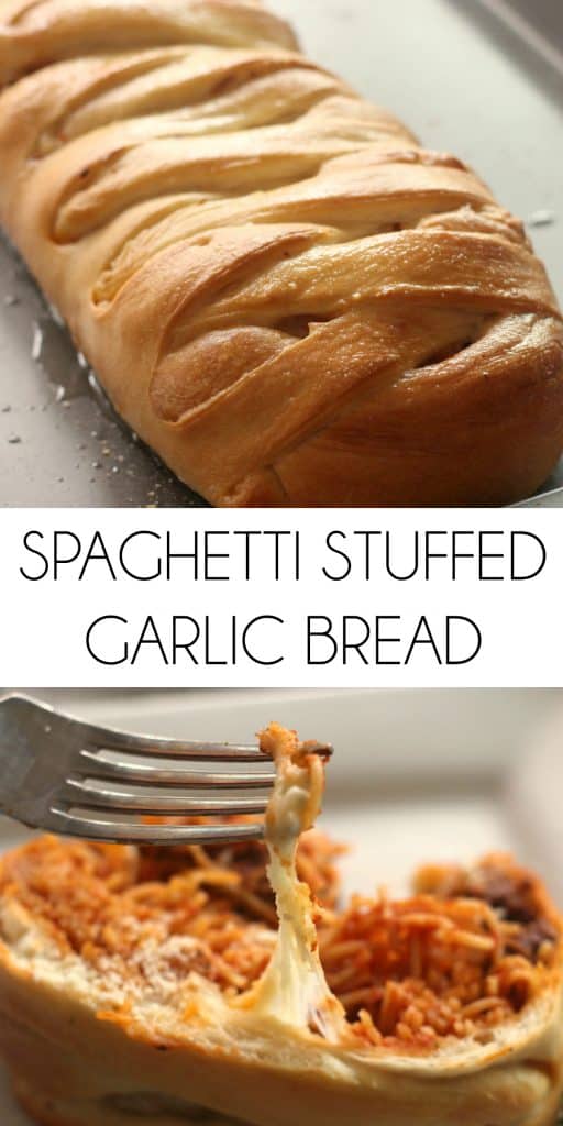 Spaghetti Stuffed Garlic Bread is a fun twist on the classic spaghetti dinner. This lovely braid of bread will be a exciting to cut into revealing the spaghetti, meat sauce, and melted cheese inside. #Spaghetti #GarlicBread #SpaghettiStuffedGarlicBread #Dinner #MomNeedsChocolate