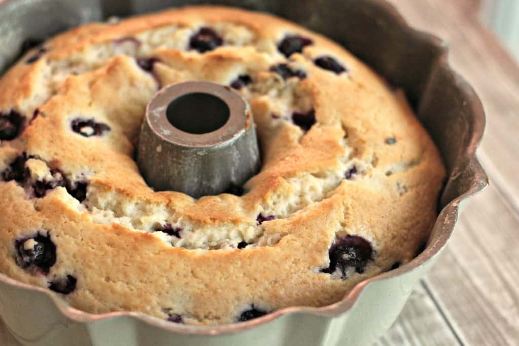 Blueberry Yogurt Cake in a bundt pan after baking