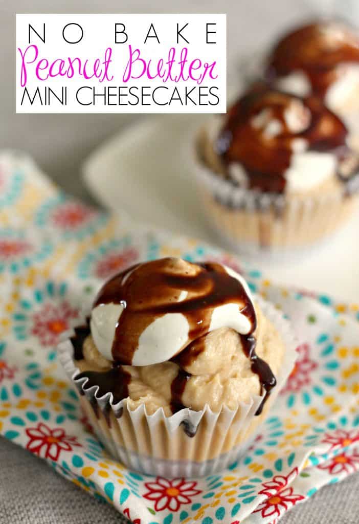 No Bake Mini Peanut Butter Cheesecakes are totally adorable and completely yummy. Everyone will be asking you for this recipe! | #NoBake #NoBakeCheesecake #Cheesecake #PeanutButter #PeanutButterCheesecake #Potluck #Dessert #Chocolate #MomNeedsChocolate