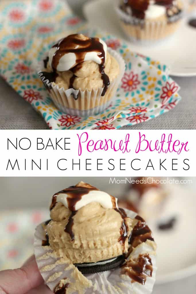 Looking for a super delicious no-bake cheesecake recipe for any fun occasion? Here it is! No Bake Mini Peanut Butter Cheesecakes are totally adorable and completely yummy. Everyone will be asking you for this recipe! | #NoBake #NoBakeCheesecake #Cheesecake #PeanutButter #PeanutButterCheesecake #Potluck #Dessert #Chocolate #MomNeedsChocolate