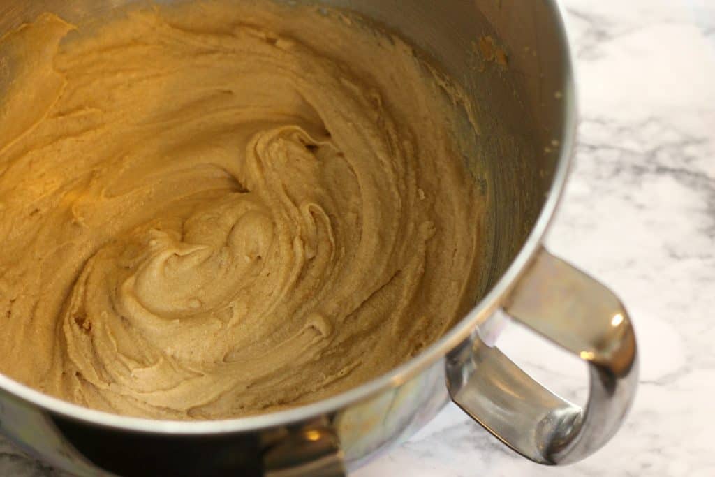 Batter for Sour Cream Chocolate Cake in a KitchenAid mixing bowl