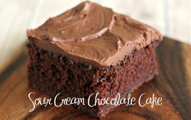 Sour Cream Chocolate Cake on a wooden platter