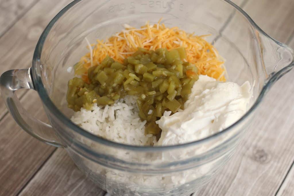 Sour Cream Green Chile Rice in a Pampered Chef batter bowl