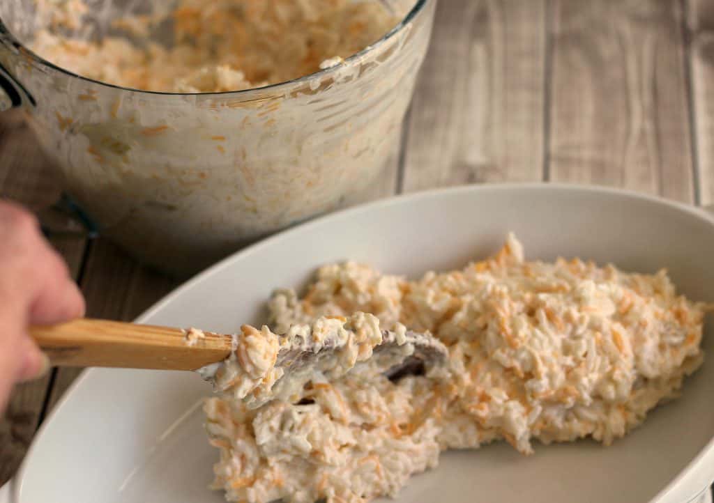 Sour Cream Green Chile Rice in a white casserole dish