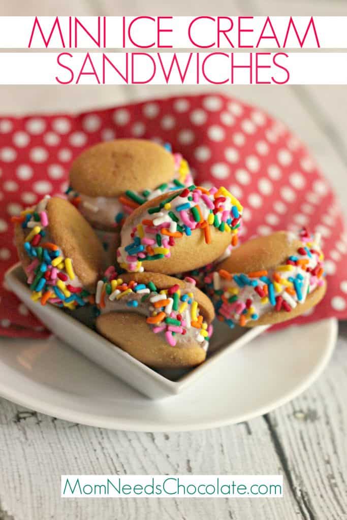 Mini Ice Cream Sandwiches | #MomNeedsChocolate #NoBake #NoBakeDessert #IceCream #IceCreamSandwich #Sprinkles
