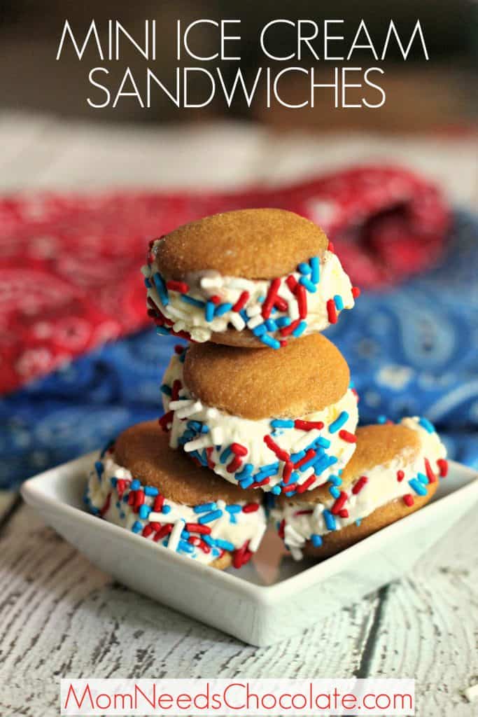 Mini Ice Cream Sandwiches | #MomNeedsChocolate #NoBake #NoBakeDessert #IceCream #IceCreamSandwich #Sprinkles #4thofJuly #IndependenceDay #Picnic #July4th
