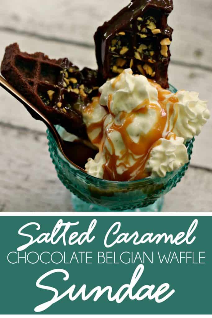 Salted Caramel Chocolate Belgian Waffle Sundae | #MomNeedsChocolate #SaltedCaramel #Caramel #CaramelSauce #Chocolate #Sundae #BelgianWaffle #HotFudge #Fudge #WhippedCream #IceCream #Dessert #SummerTreat