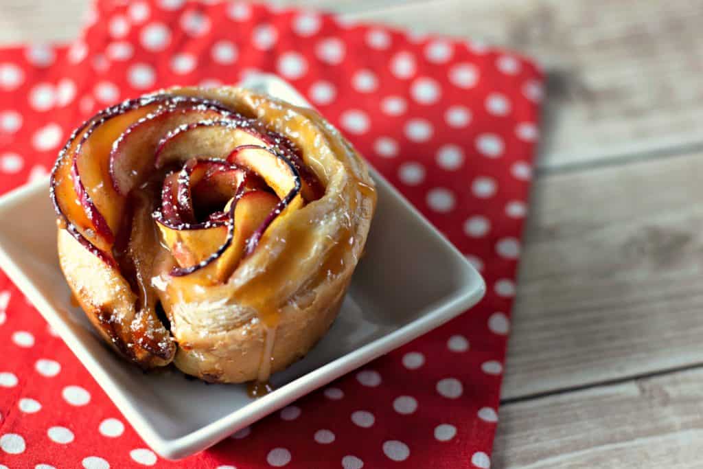 Caramel Apple Rose Tarts on a white and red napkin