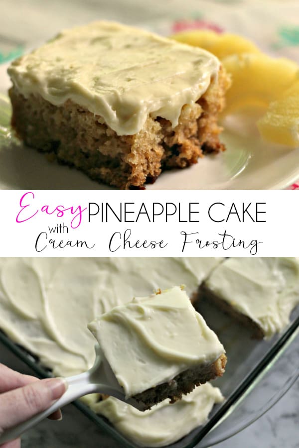 Pineapple Cake with Cream Cheese Frosting is a very easy to make dessert that is sure to be a family favorite! Moist, sweet pineapple cake topped with rich and creamy cream cheese frosting is the perfect end to any dinner. | #Pineapple #Cake #CreamCheese #CreamCheeseFrosting #PineappleCake #Potluck #MomNeedsChocolate 