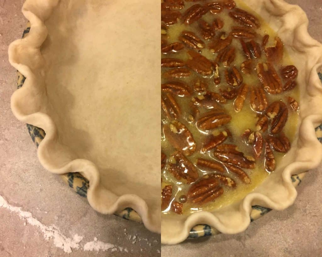 Filling a Homemade Shortening Pie Crust with pecan pie filling