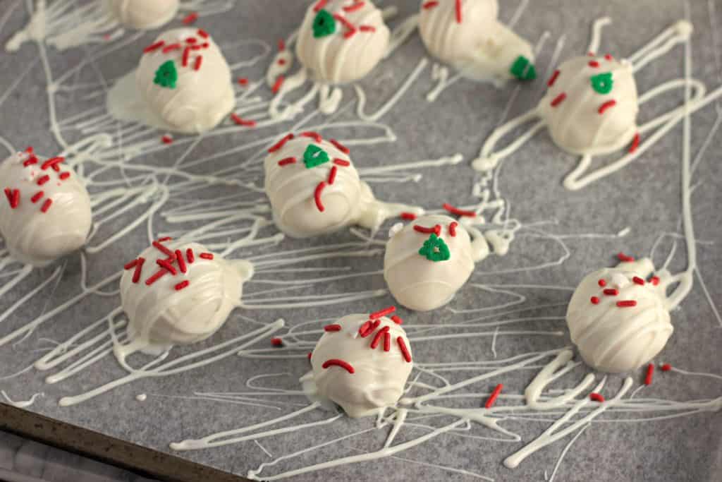 Finished Christmas Sugar Cookie Truffles ready to chill