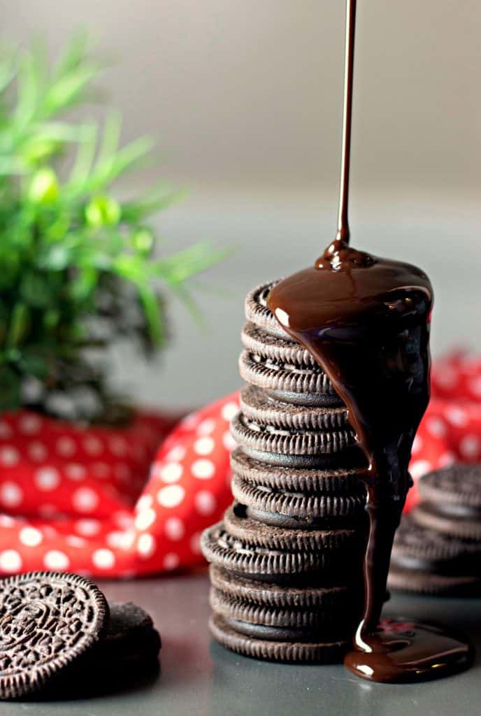 OREO Dark Chocolate cookies draped in chocolate sauce