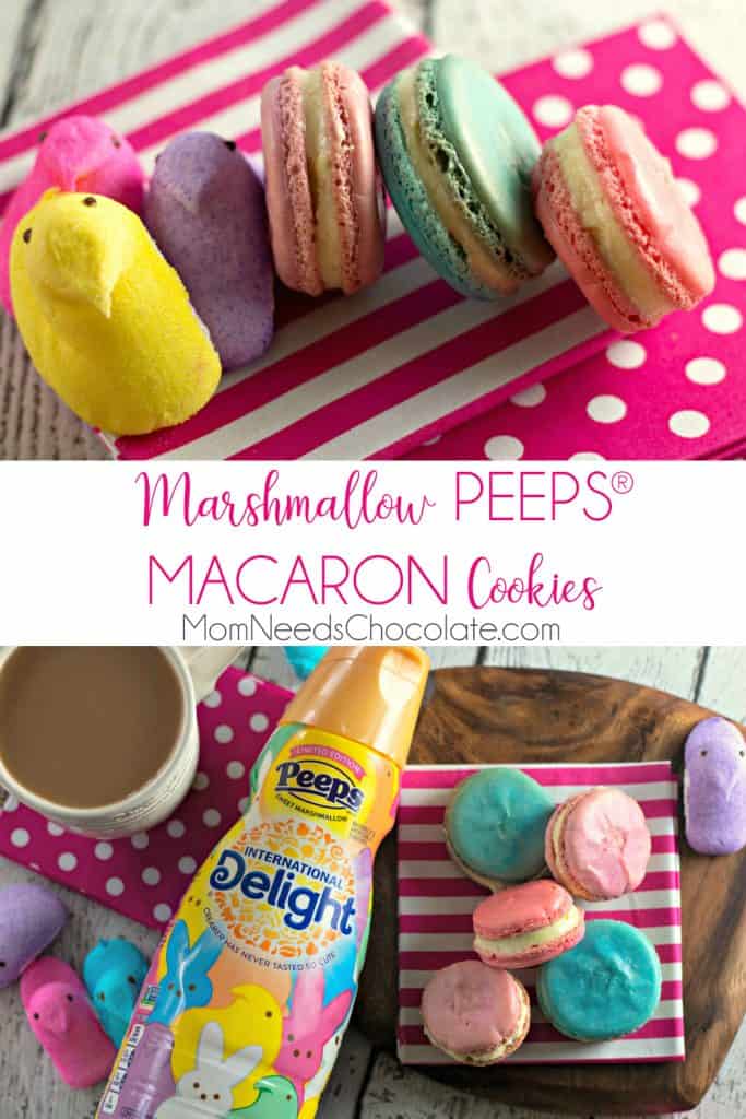 Marshmallow PEEPS® Macaron Cookies | Sweet marshmallow cream filled macaron cookies, perfect for spring! #macaron #macarons #peeps #marshmallow #marshmallowmacarons #cookies #easter #easterdesserts #eastertreats #eastercrafts #spring #springcrafts 