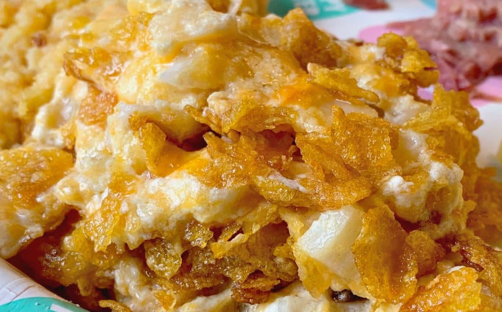 Funeral Potatoes - Cheesy Potato Casserole Topped with Corn Flakes