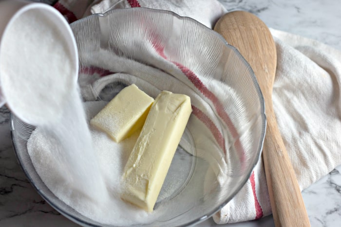 Combining butter and sugar to make Favorite Banana Pudding Cupcakes