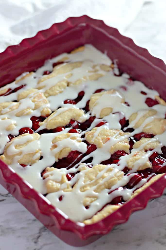 Cherry Pie Bars in a square baking dish