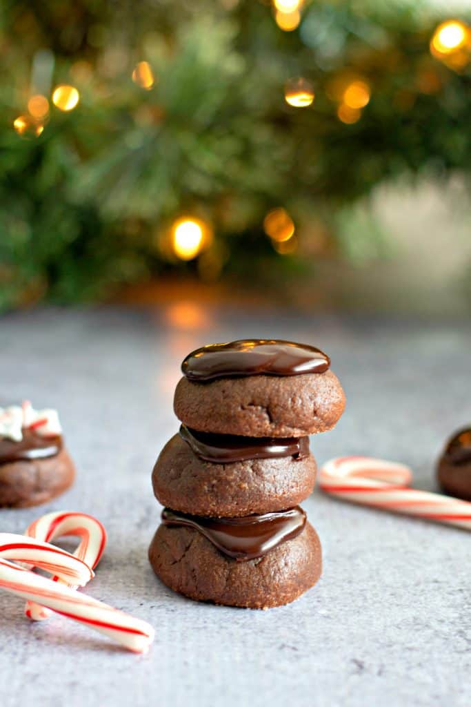 stacked Chocolate Fudge Drop Cookies with candy canes