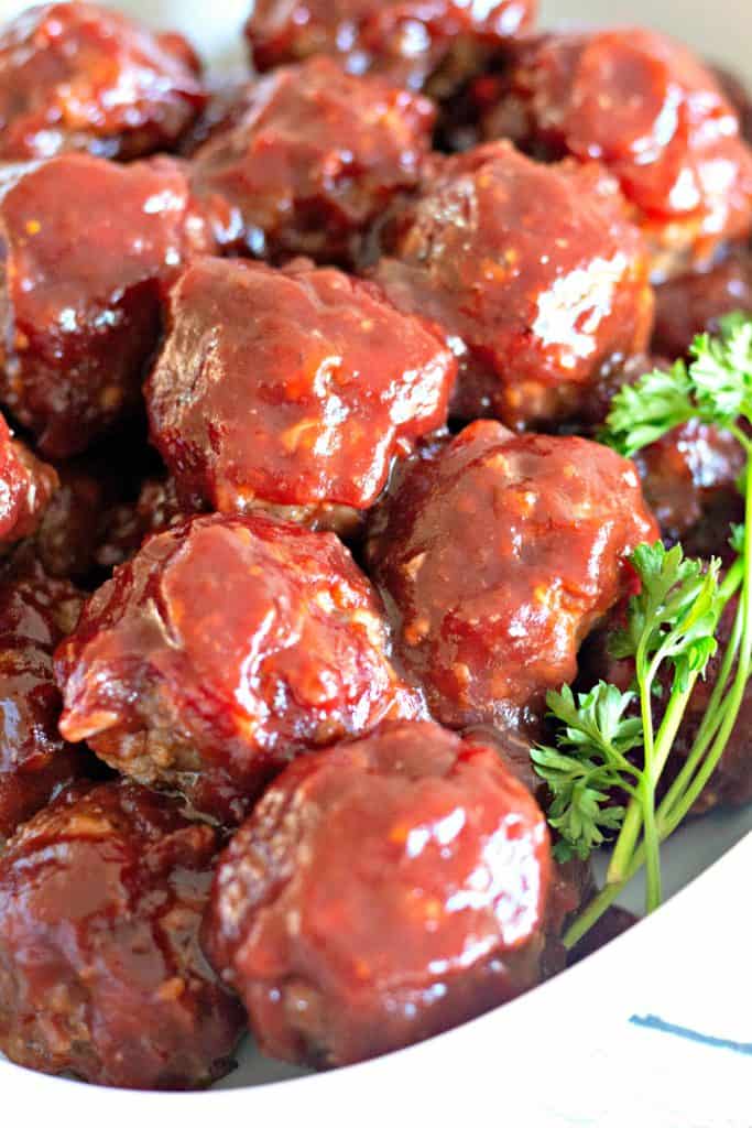 closeup of Homemade Cranberry Sauce Meatballs