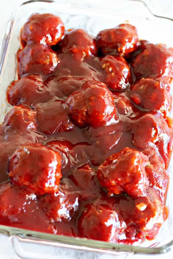 Homemade Cranberry Sauce Meatballs in a glass pan