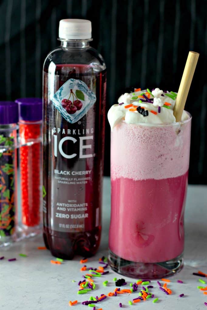 a Spooky Black Cherry Float next to a bottle of Sparkling Ice