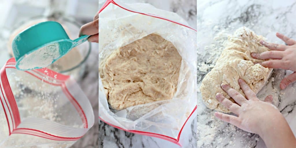 child adding flour to bread dough in a plastic bag.