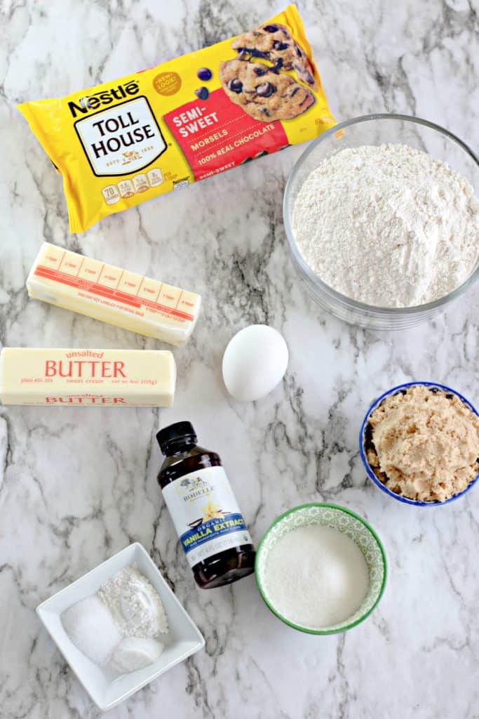 ingredients to make Bakery Style Giant Chocolate Chip Cookies.